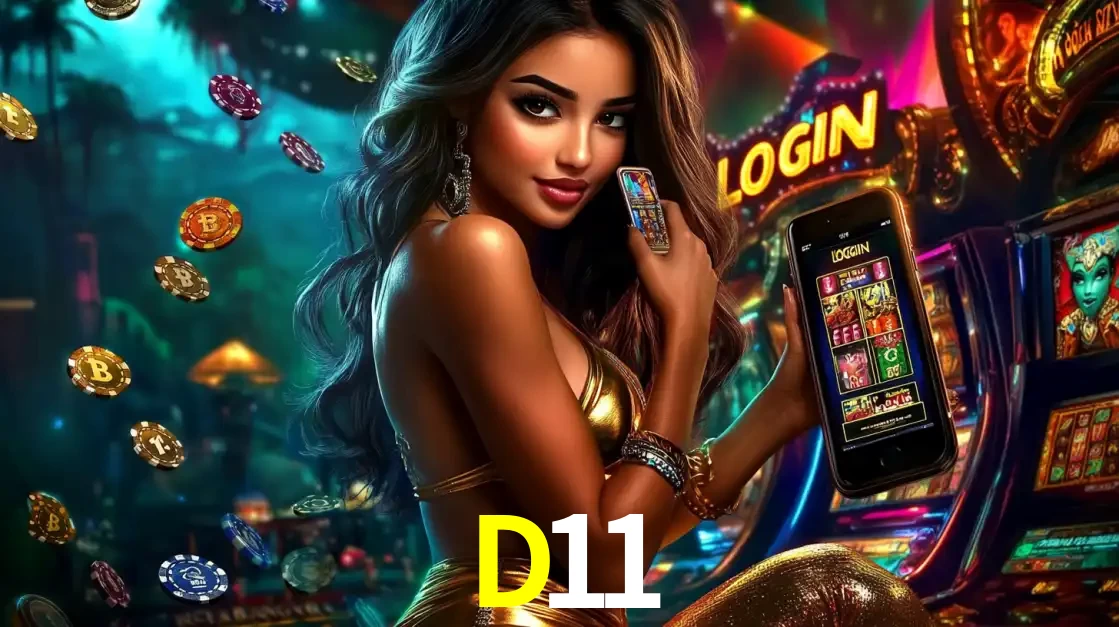 Mulher em um cenário de cassino temático de aventura, mostrando o app de caça-níqueis da D11 no celular. Fichas de apostas flutuam ao redor.