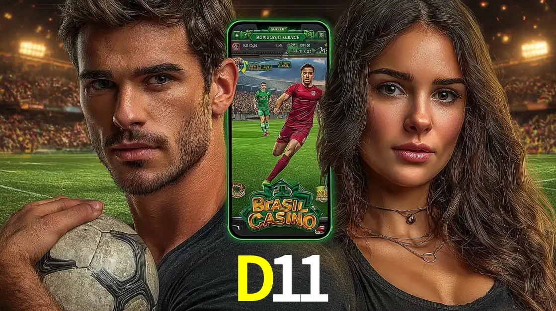 Homem segurando uma bola de futebol e uma mulher ao lado de um smartphone exibindo o jogo de apostas esportivas da D11. Faça seu palpite no cassino online.